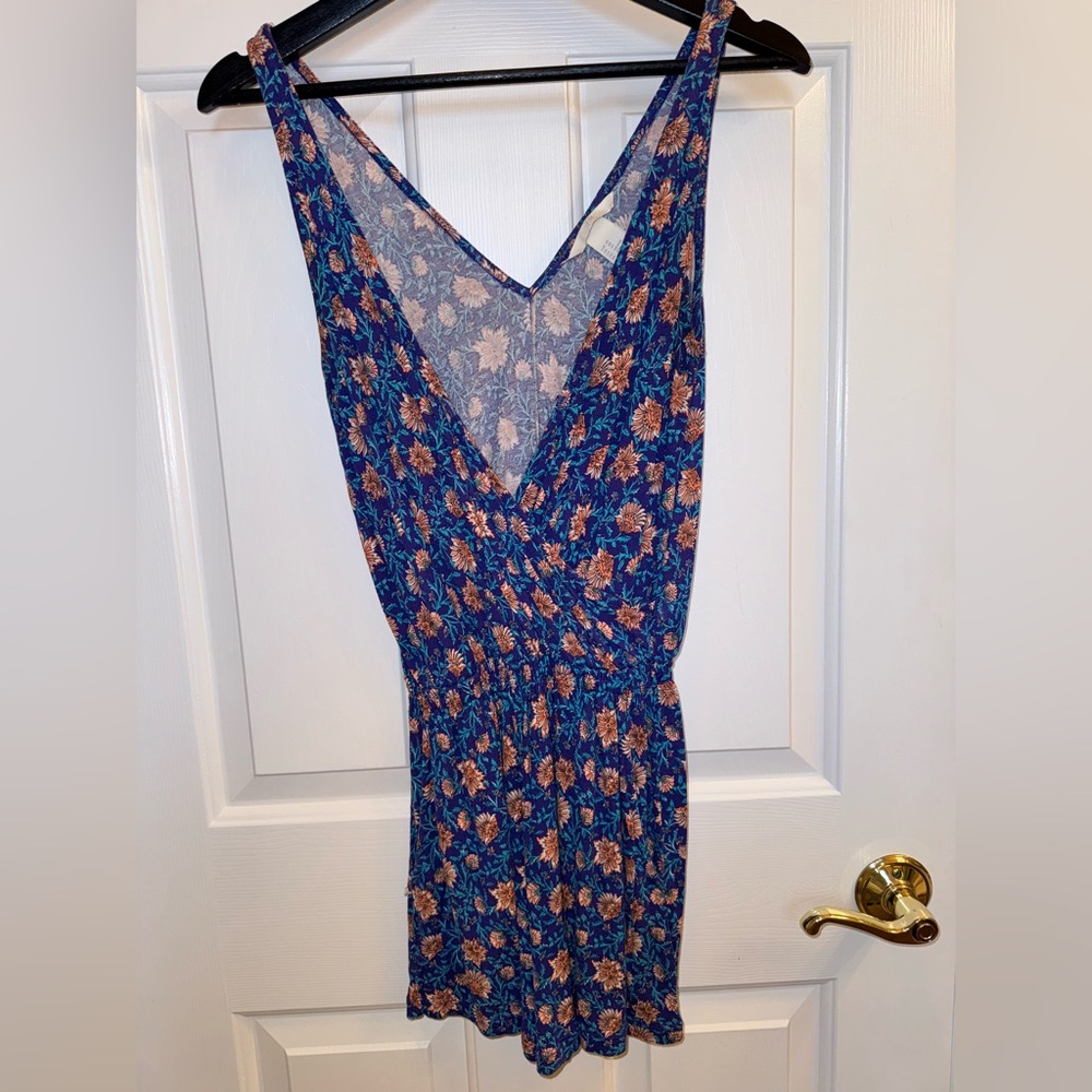 H&M Blue Floral Sleeveless V-Neck Wrapped Romper, Size XS